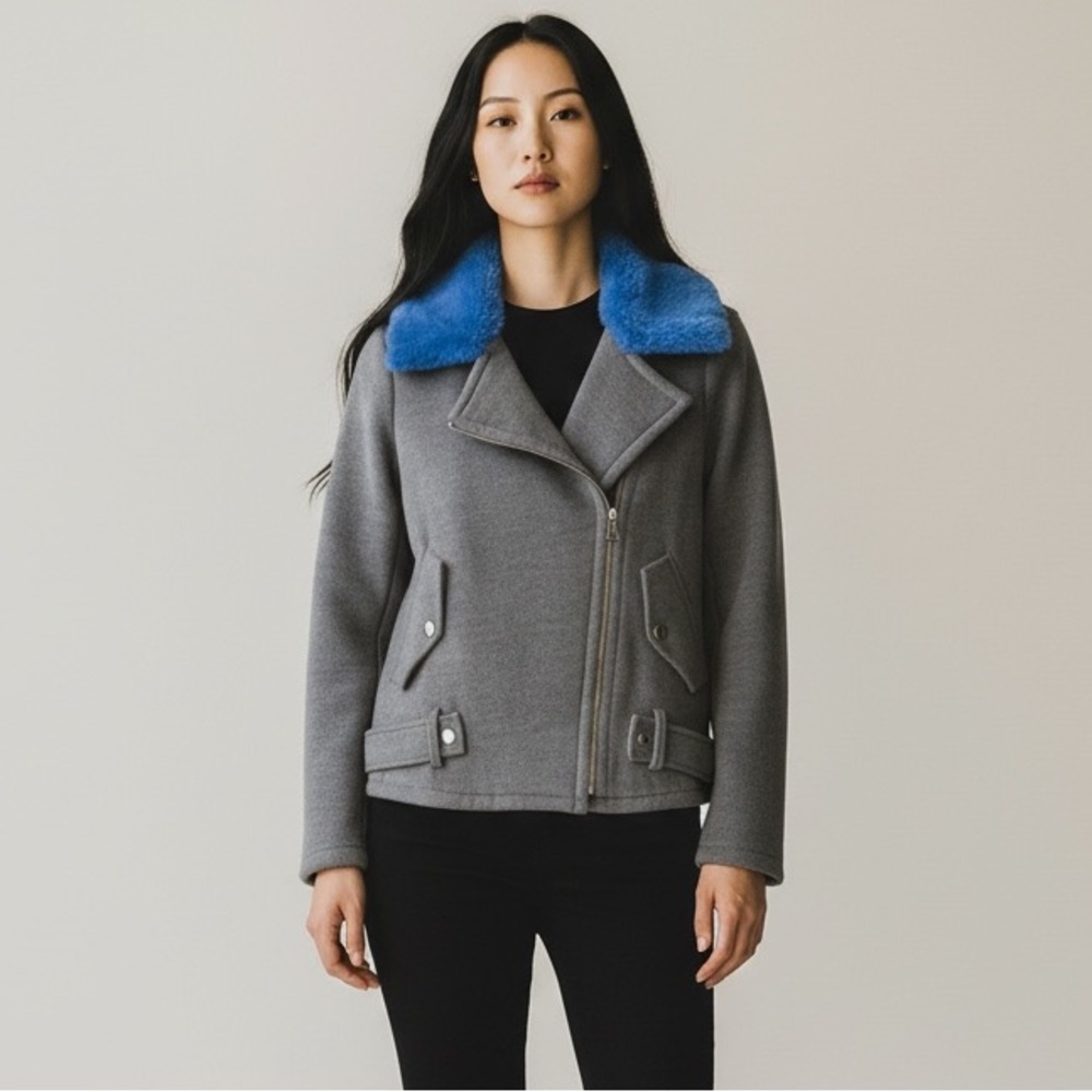 Nine West Gray Jacket with Blue‎ Fur XS NWT